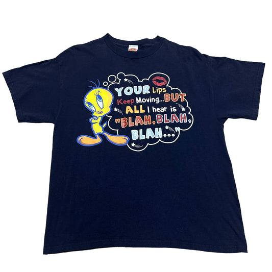 Vintage Y2K Tweety Bird “Your Lips Are Moving But All I Hear Is Blah Blah Blah” Navy Blue Graphic T-Shirt - Size Large