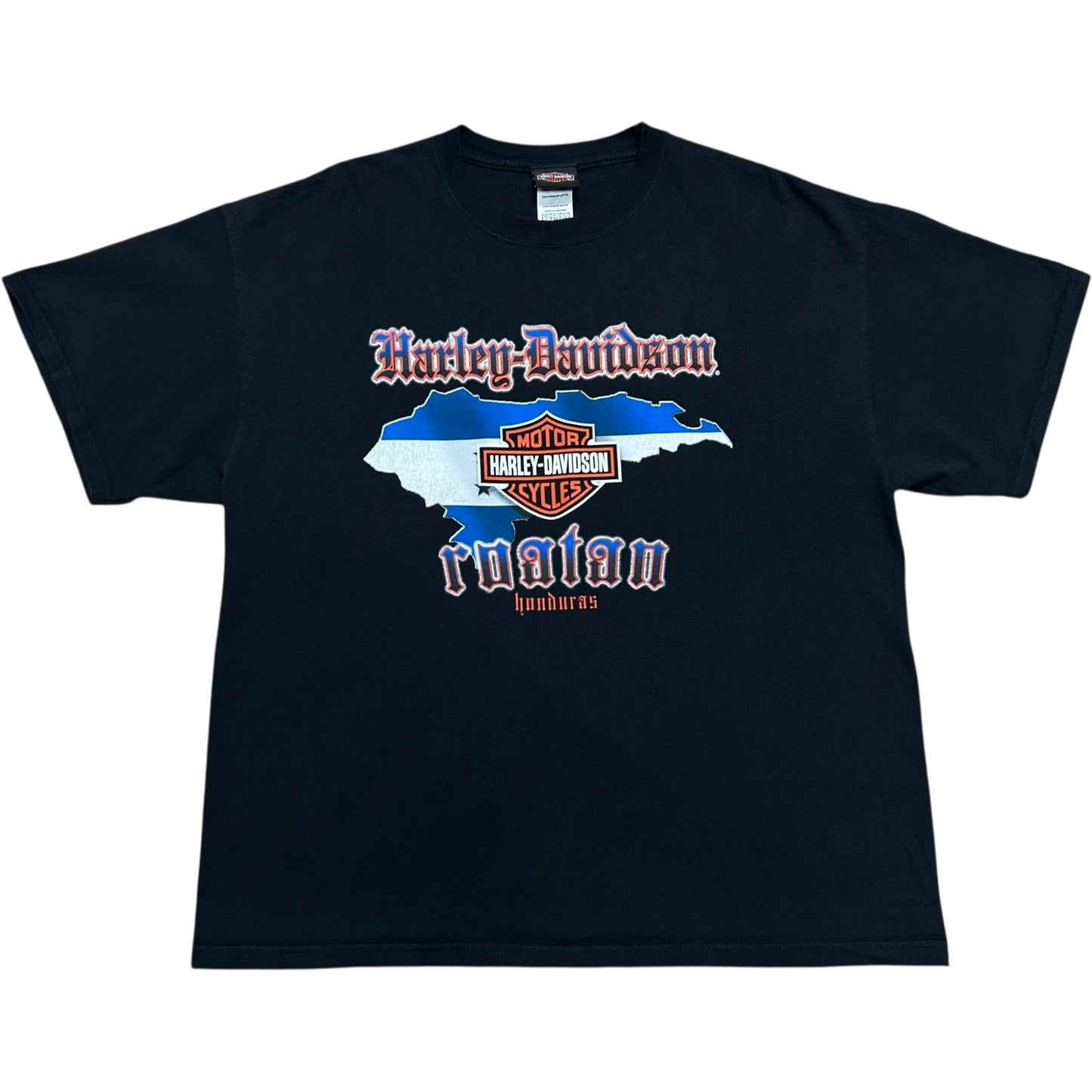 Early 2010s Roatán, Honduras Harley Davidson Black Graphic T-Shirt - Size XL (Boxy Fit)