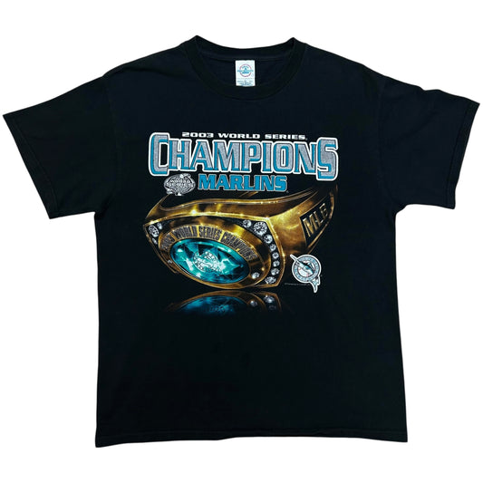 Early 2000s Florida Marlins 2003 World Series Champions Black Graphic T-Shirt