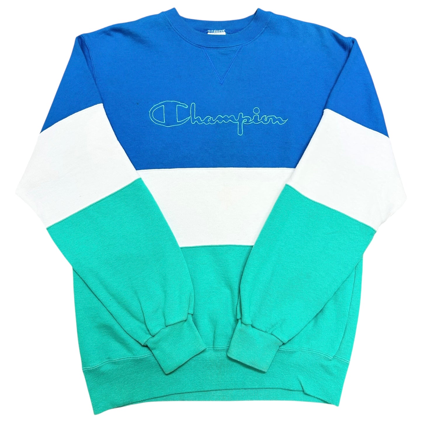 Vintage 1990s Champion Blue/White/Teal Embroidered Crewneck Sweatshirt - Size XL