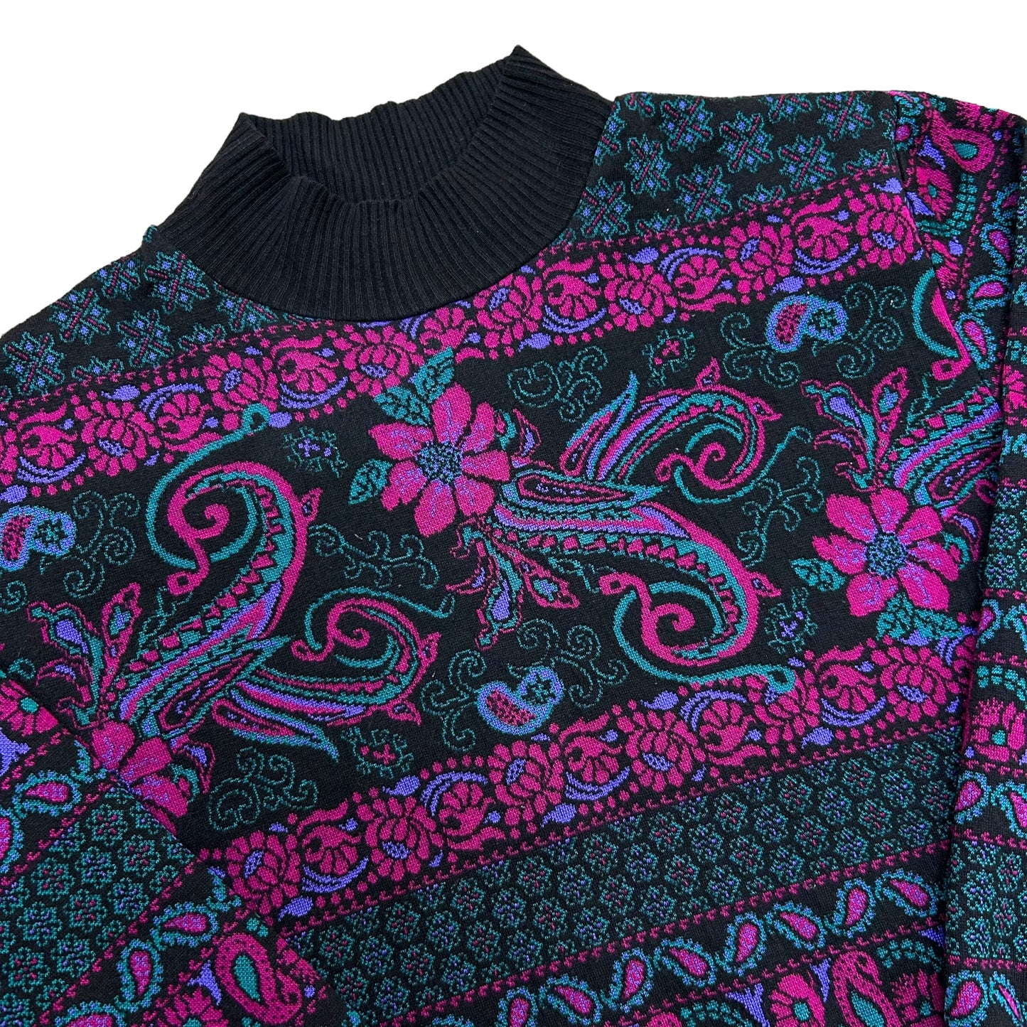 Vintage 1980s Cricket Lane Floral Pattern Black Knit Sweater - Size Large