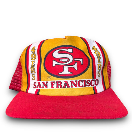 Vintage 1980s San Francisco 49ers Spell Out Logo Red Trucker Snapback Hat - One Size