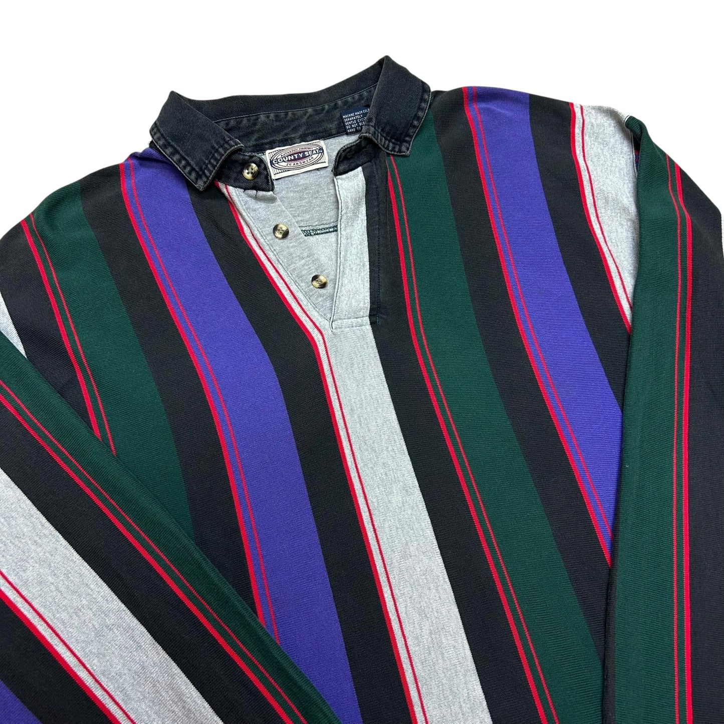 Vintage 1990s County Seat Jeanswear Vertical Striped Long Sleeve Collared Shirt - Size Large