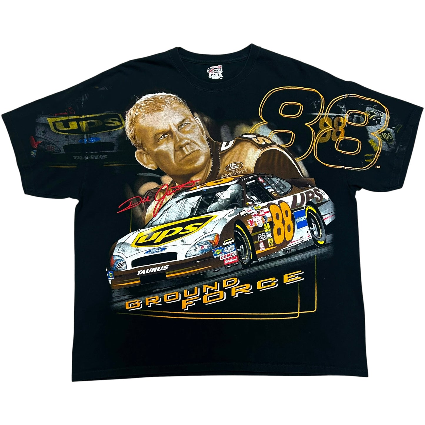 Late 2000s Dale Jarrett/UPS Racing “Ground Force” Black All Over Print Graphic T-Shirt - Size XL (Boxy Fit)