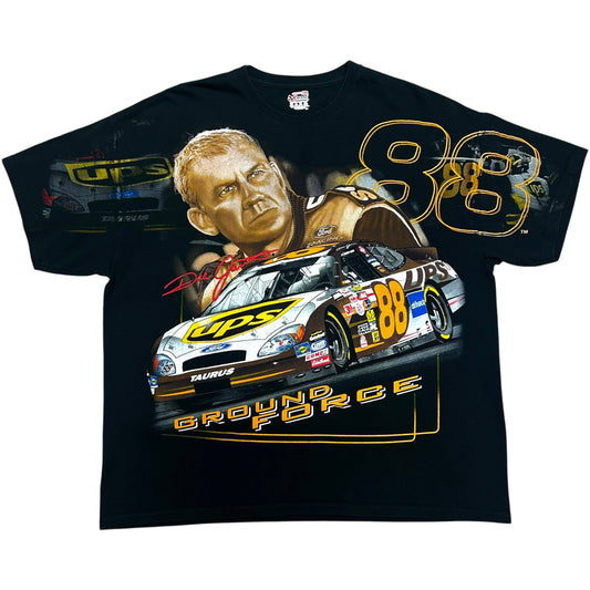 Late 2000s Dale Jarrett/UPS Racing “Ground Force” Black All Over Print Graphic T-Shirt - Size XL (Boxy Fit)
