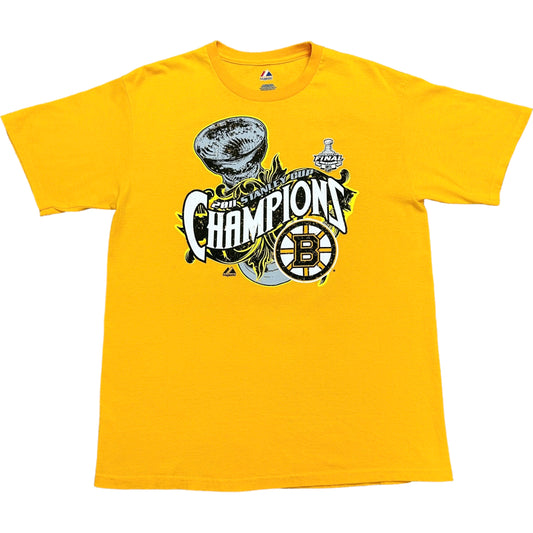 Early 2010s Boston Bruins 2011 Stanley Cup Champions Yellow Graphic T-Shirt - Size Large