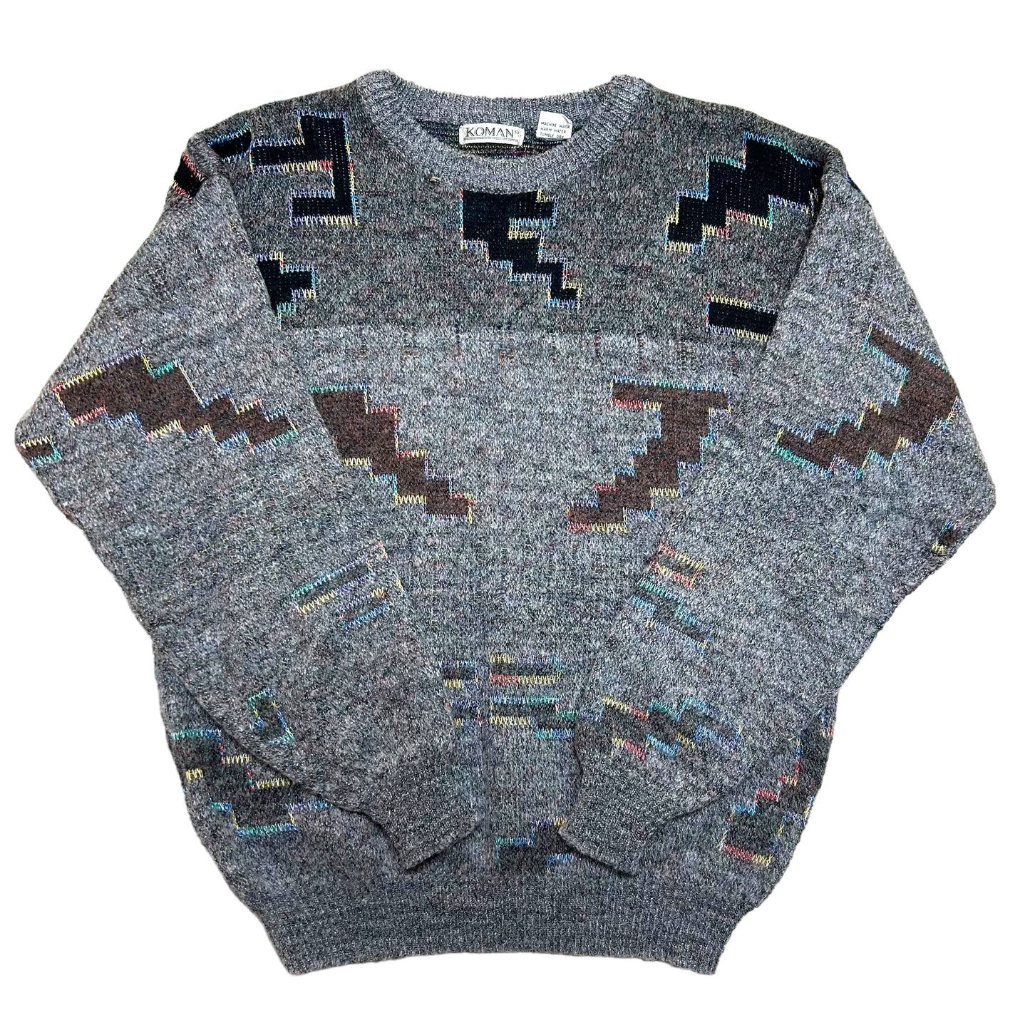Vintage 1990s "Koman" Geometric Design Grey/Multicolor Knit Sweater - Size Large (Fits Medium)