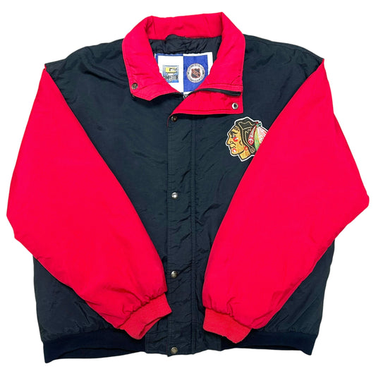Vintage 1990s Chicago Blackhawks Black/Red Full-Zip Puffer Jacket - Size Large