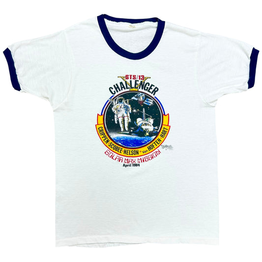 Vintage 1980s Challenger Space Shuttle White Ringer T-Shirt - Size Large