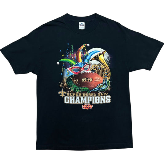 Early 2010s New Orleans Saints Super Bowl XLIV Champions Black Graphic T-Shirt - Size Large