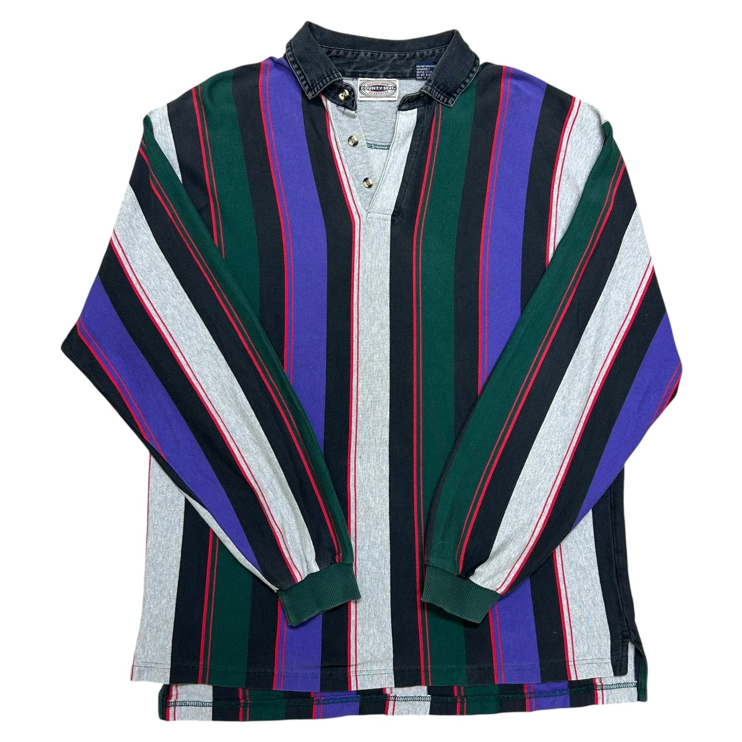 Vintage 1990s County Seat Jeanswear Vertical Striped Long Sleeve Collared Shirt - Size Large