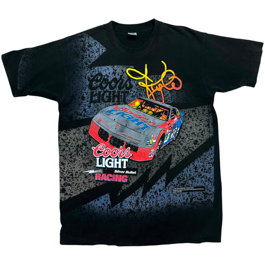 Vintage 1990s Kyle Petty/Coors Light Racing “The Silver Bullet” Black All Over Print Racing Graphic T-Shirt - Size Large