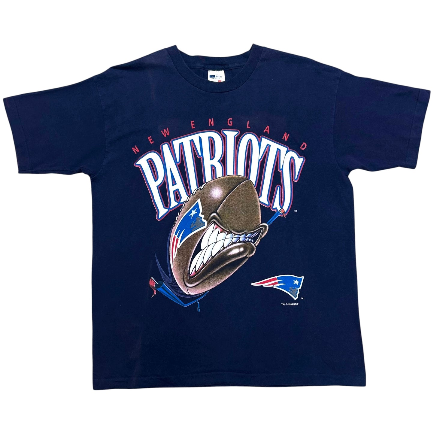Vintage 1990s New England Patriots Navy Blue Graphic T-Shirt - Size Large