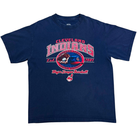 Late 2000s Cleveland Indians Baseball Navy Blue Graphic T-Shirt - Size Large (Boxy Fit)