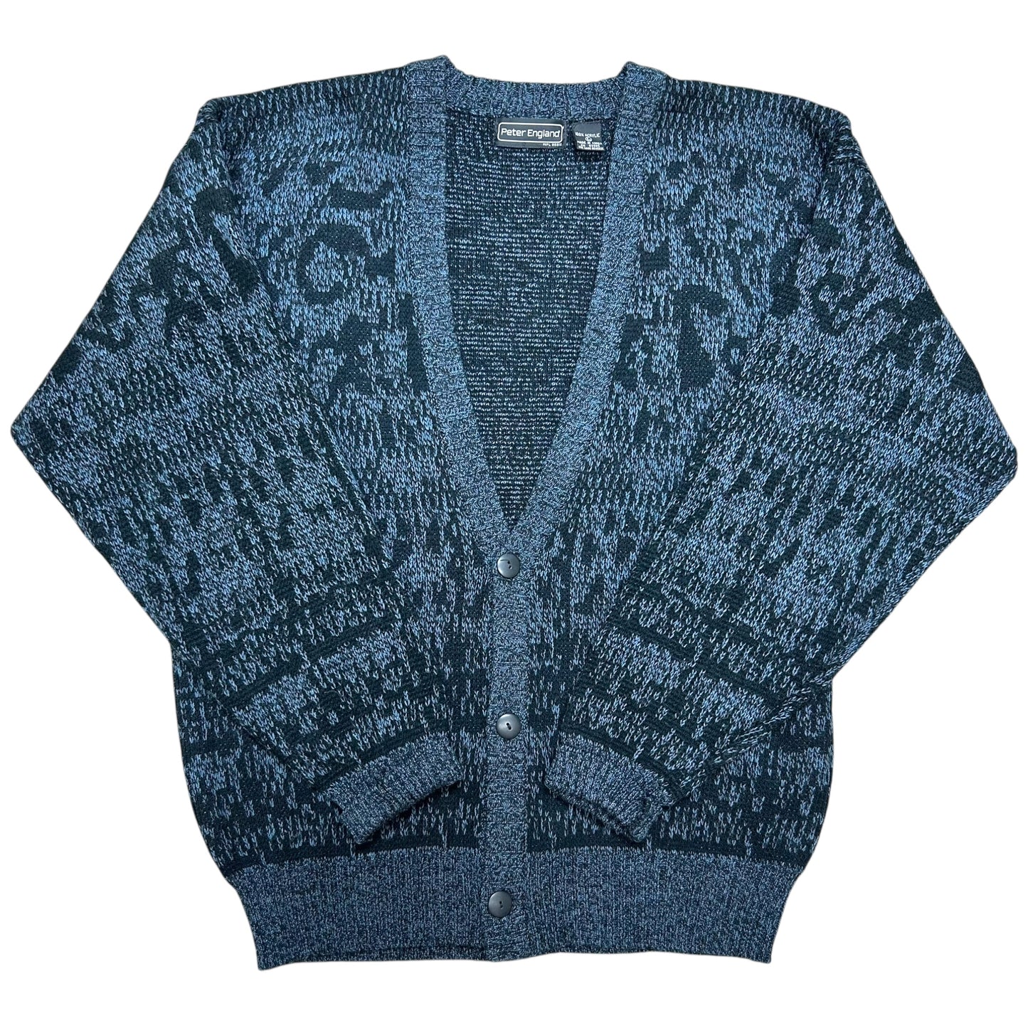 Vintage 1990s Peter England Blue/Black Knit Cardigan -Size Large