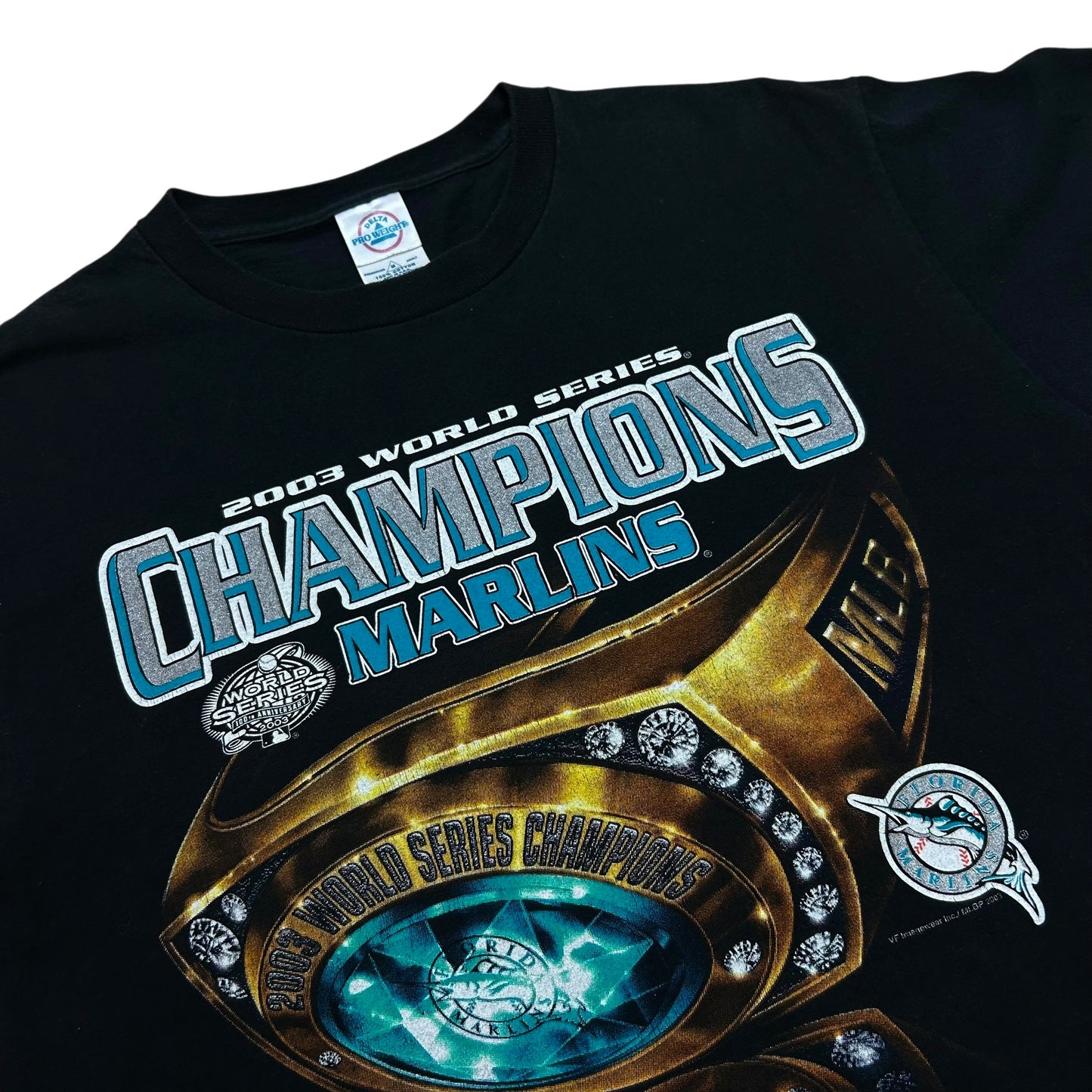 Early 2000s Florida Marlins 2003 World Series Champions Black Graphic T-Shirt