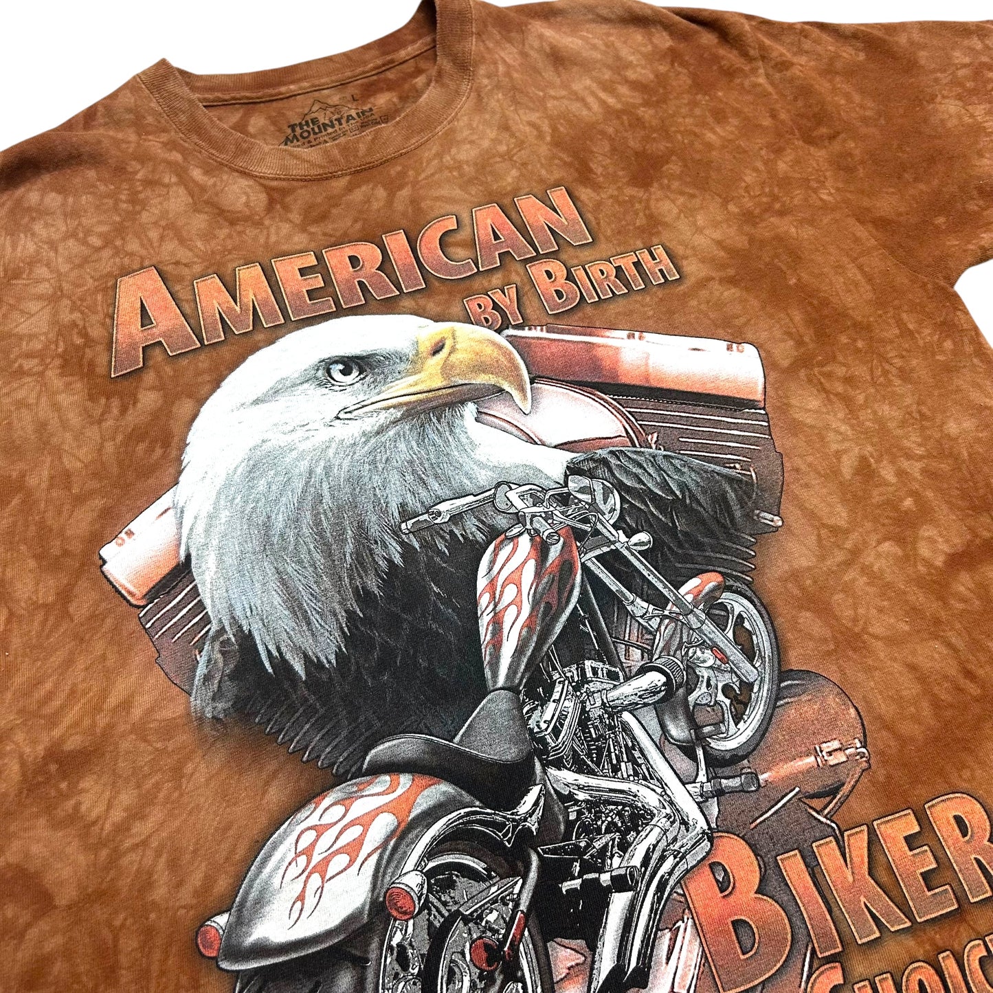 Early 2010s The Mountain “American By Birth, Biker By Choice” Burnt Orange Tie-Dye Shirt - Size Large (Fits XL)