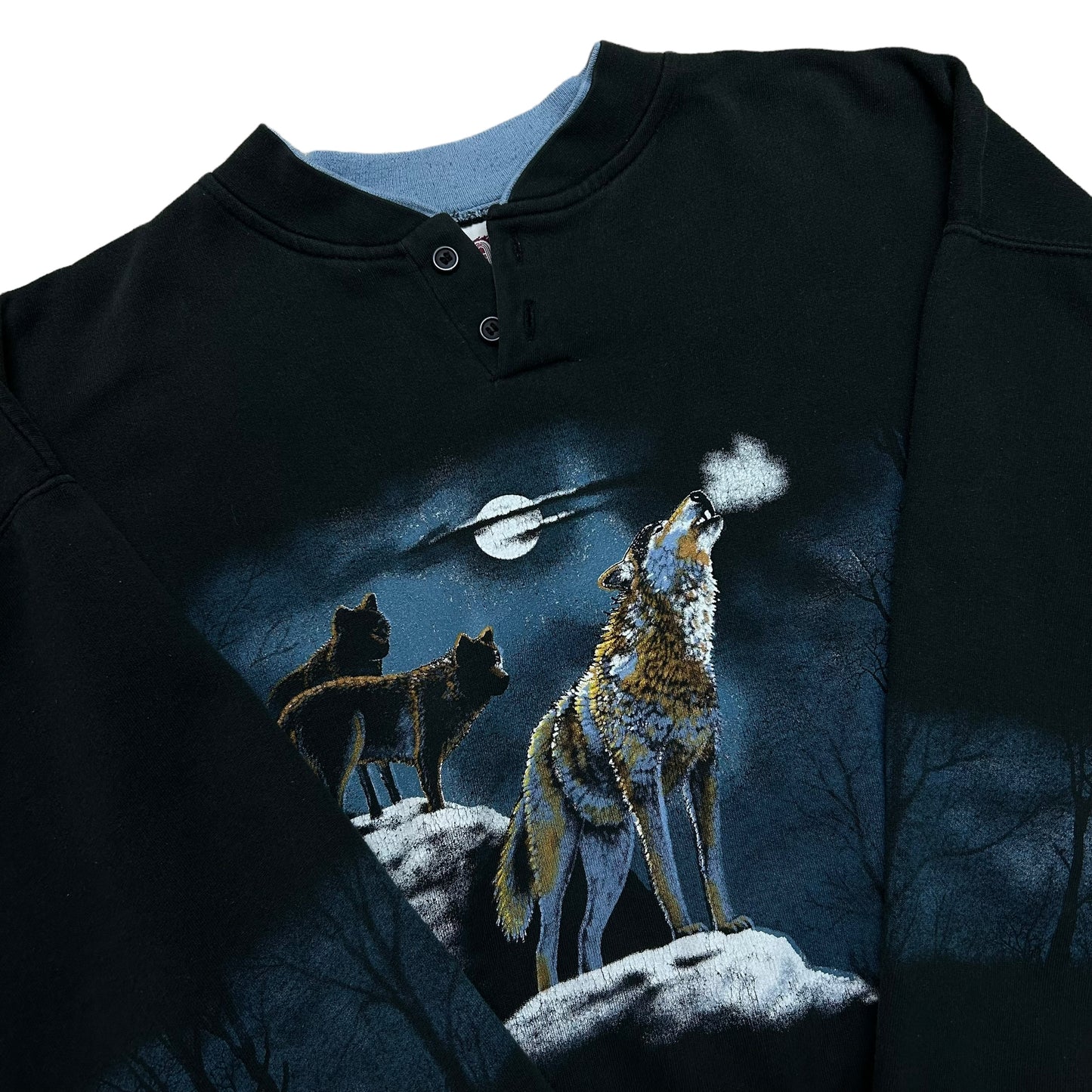 Vintage 1990s “Art Unlimited” Wolf Nature Graphic Black AOP Sweatshirt - Size Large (Fits M/L)