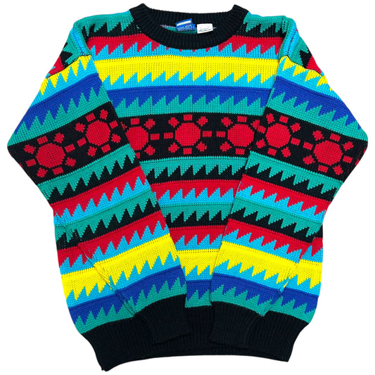 Vintage 1990s Ocean Pacific Black/Multicolor Patterned Knit Sweater - Size Large