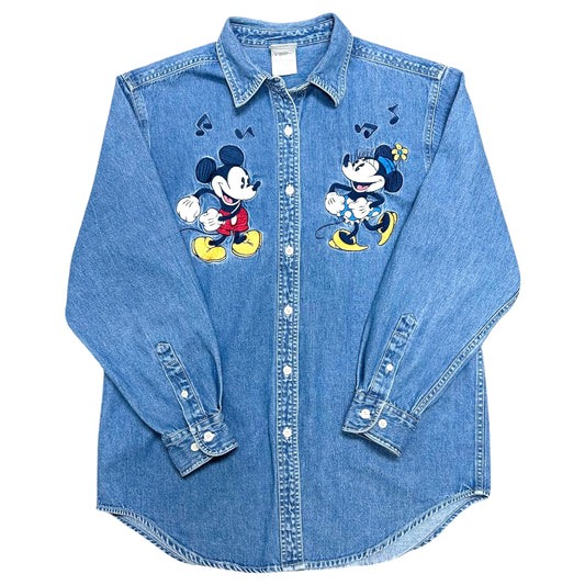 Early 2000s The Disney Store Mickey & Minnie Denim Collared Shirt - Size Medium