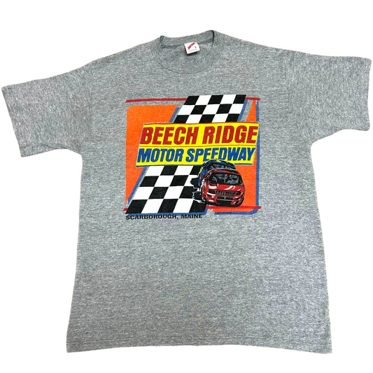 Vintage 1980s Beech Ridge Motor Speedway Scarborough, ME Grey Racing Graphic T-Shirt - Size Large (Fits Medium)