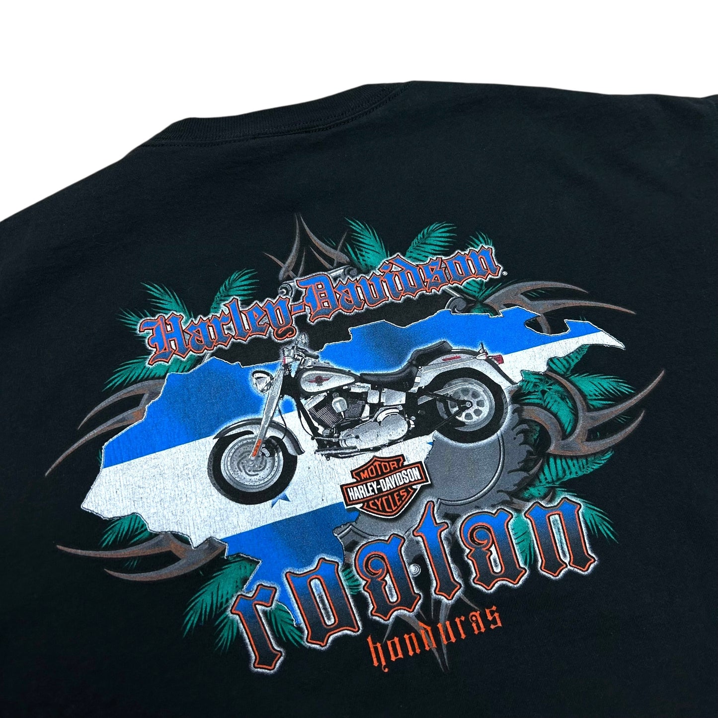 Early 2010s Roatán, Honduras Harley Davidson Black Graphic T-Shirt - Size XL (Boxy Fit)