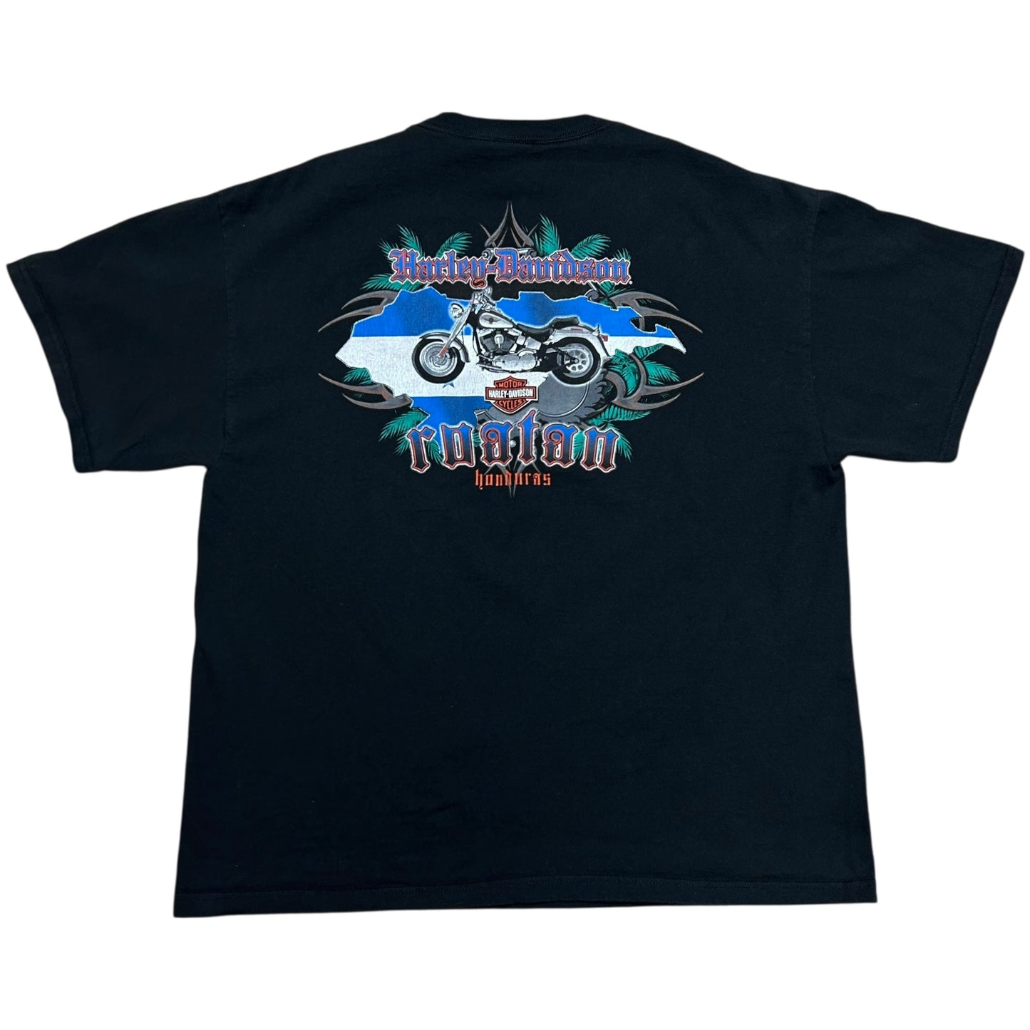 Early 2010s Roatán, Honduras Harley Davidson Black Graphic T-Shirt - Size XL (Boxy Fit)