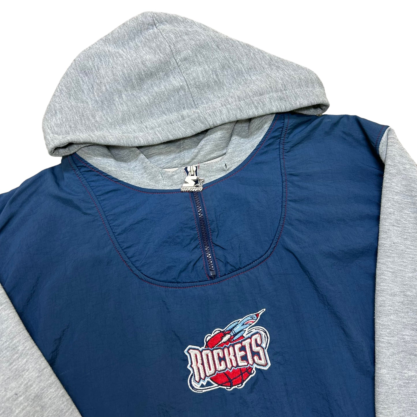 Vintage 1990s Starter Houston Rockets Navy Blue/Grey Embroidered Lined Hooded Sweatshirt - Size Large