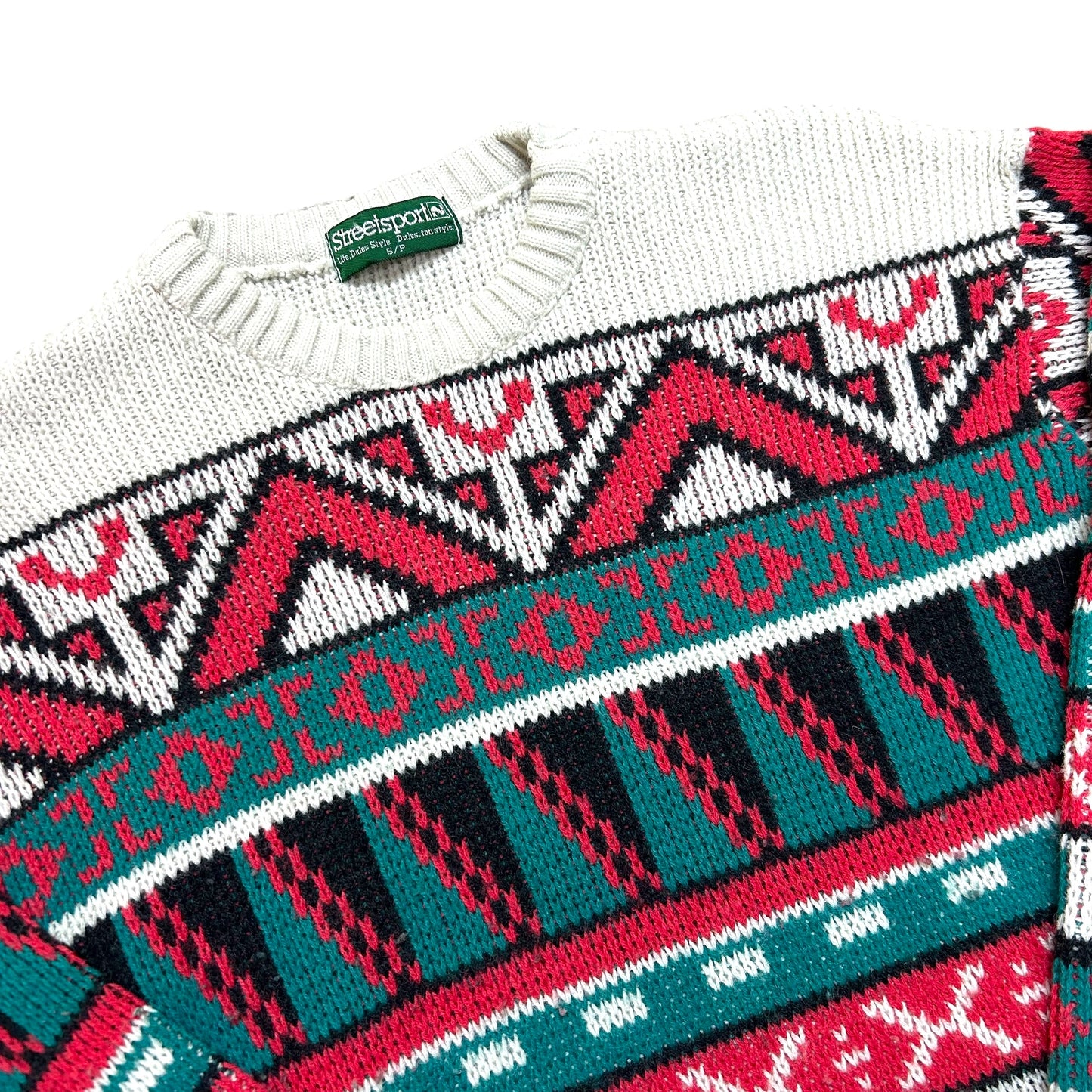 Vintage 1990s “Streetsport” White/Green/Red Geometric Pattern Knit Sweater - Size Small