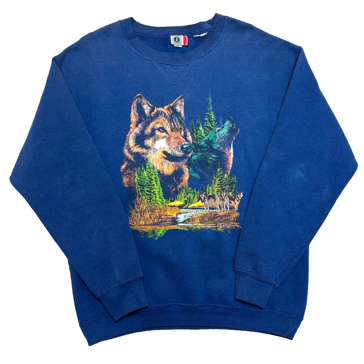 Y2K Arizona Jeans Co. Wolf Nature Graphic Navy Blue Crewneck Sweatshirt - Size Medium (Fits M/L)