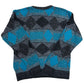 Vintage 1990s Grey/Black/Cyan Geometric Pattern Knit Sweater - Size  Large