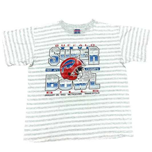 Vintage 1990s Buffalo Bills Super Bowl 26 White/Grey Striped Graphic T-Shirt - Size XL (Fits Boxy Large)