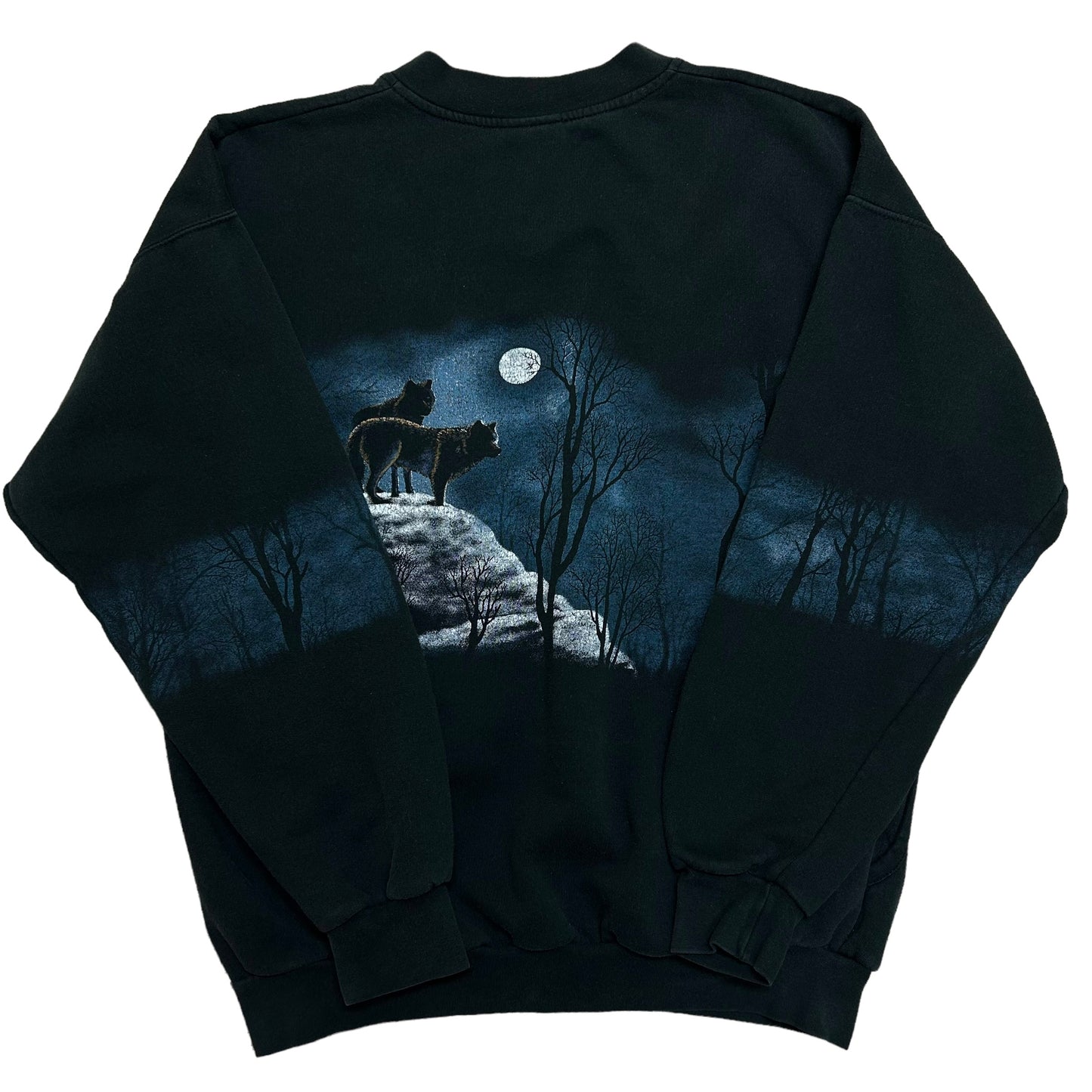 Vintage 1990s “Art Unlimited” Wolf Nature Graphic Black AOP Sweatshirt - Size Large (Fits M/L)
