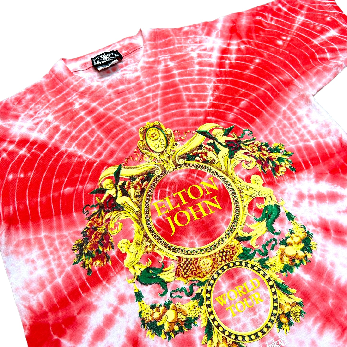 Vintage 1990s Elton John World Tour Styled By Versace Red Tie-Dye Graphic T-Shirt - Size Large