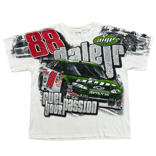 Y2K Dale Earnhardt Jr Amp Energy “Fuel Your Passion” NASCAR Racing White All Over Print Graphic T-Shirt - Size XL (Boxy Fit)