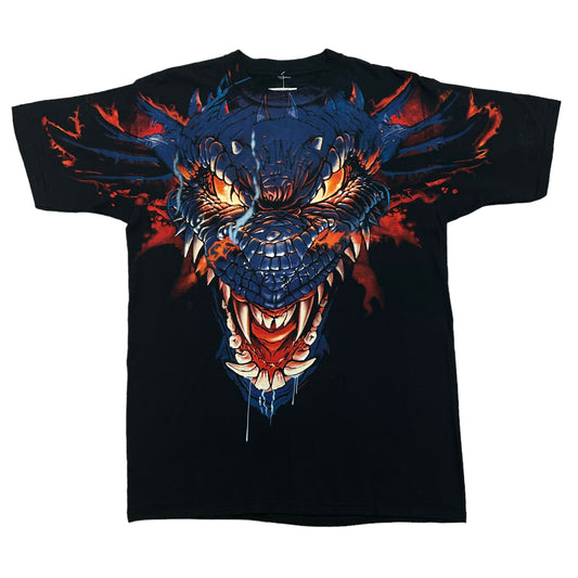 Y2K 2005 Liquid Blue Dragon All Over Print Black Graphic T-Shirt - Size XL