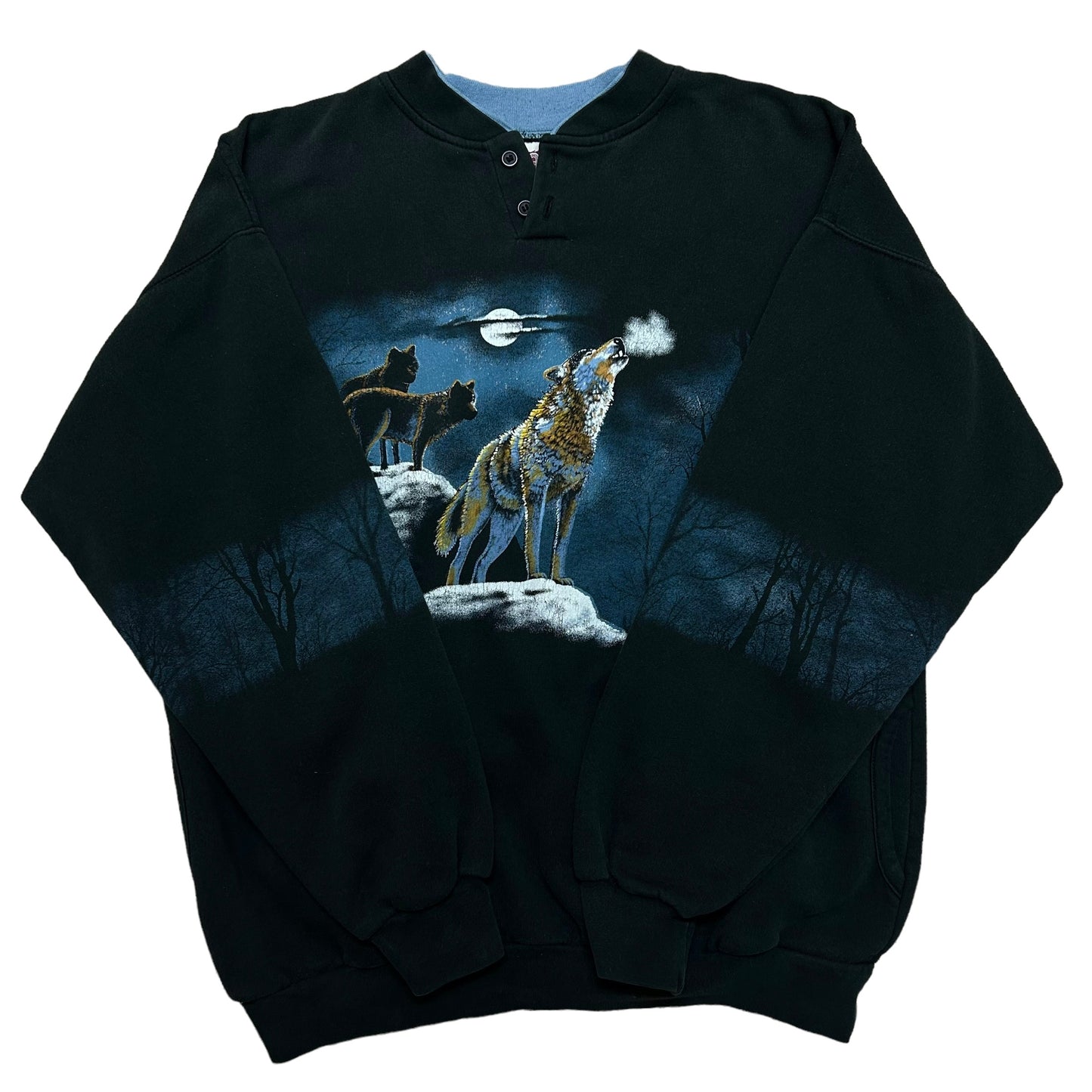 Vintage 1990s “Art Unlimited” Wolf Nature Graphic Black AOP Sweatshirt - Size Large (Fits M/L)
