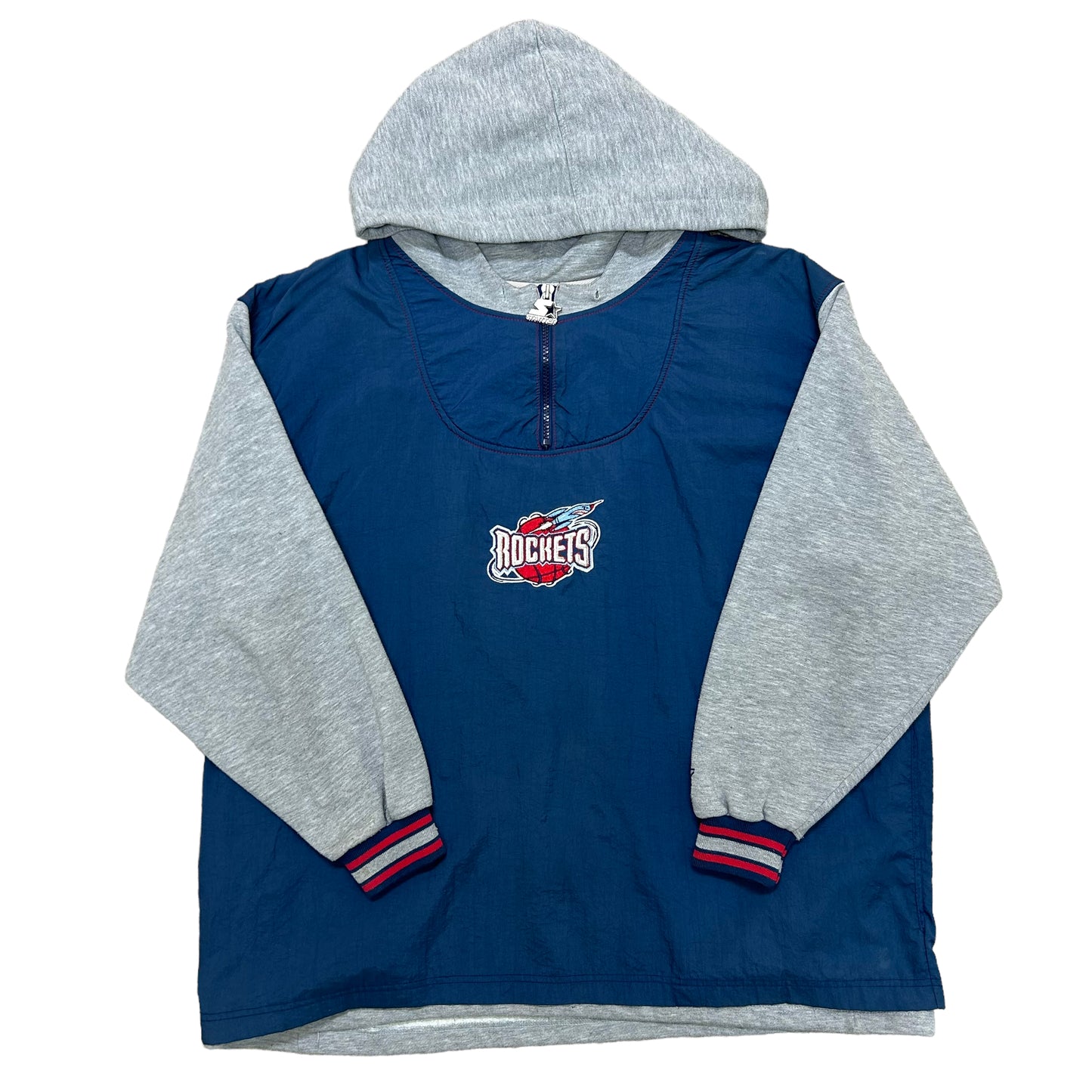 Vintage 1990s Starter Houston Rockets Navy Blue/Grey Embroidered Lined Hooded Sweatshirt - Size Large