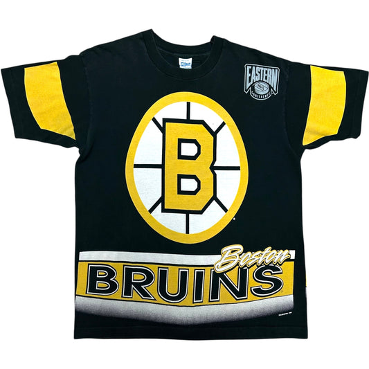 Vintage 1990s Salem Sportswear Boston Bruins Black All Over Print T-Shirt - Size Large (Fits L/XL)