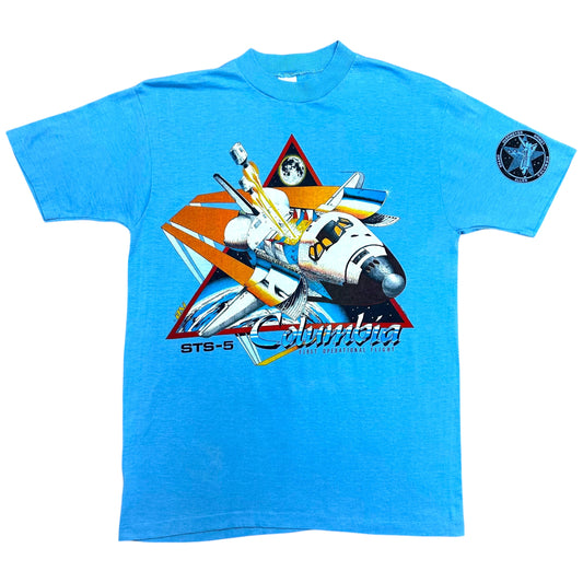 Vintage 1980s Columbia Space Shuttle Blue Graphic T-Shirt - Size Large (Fits Medium)
