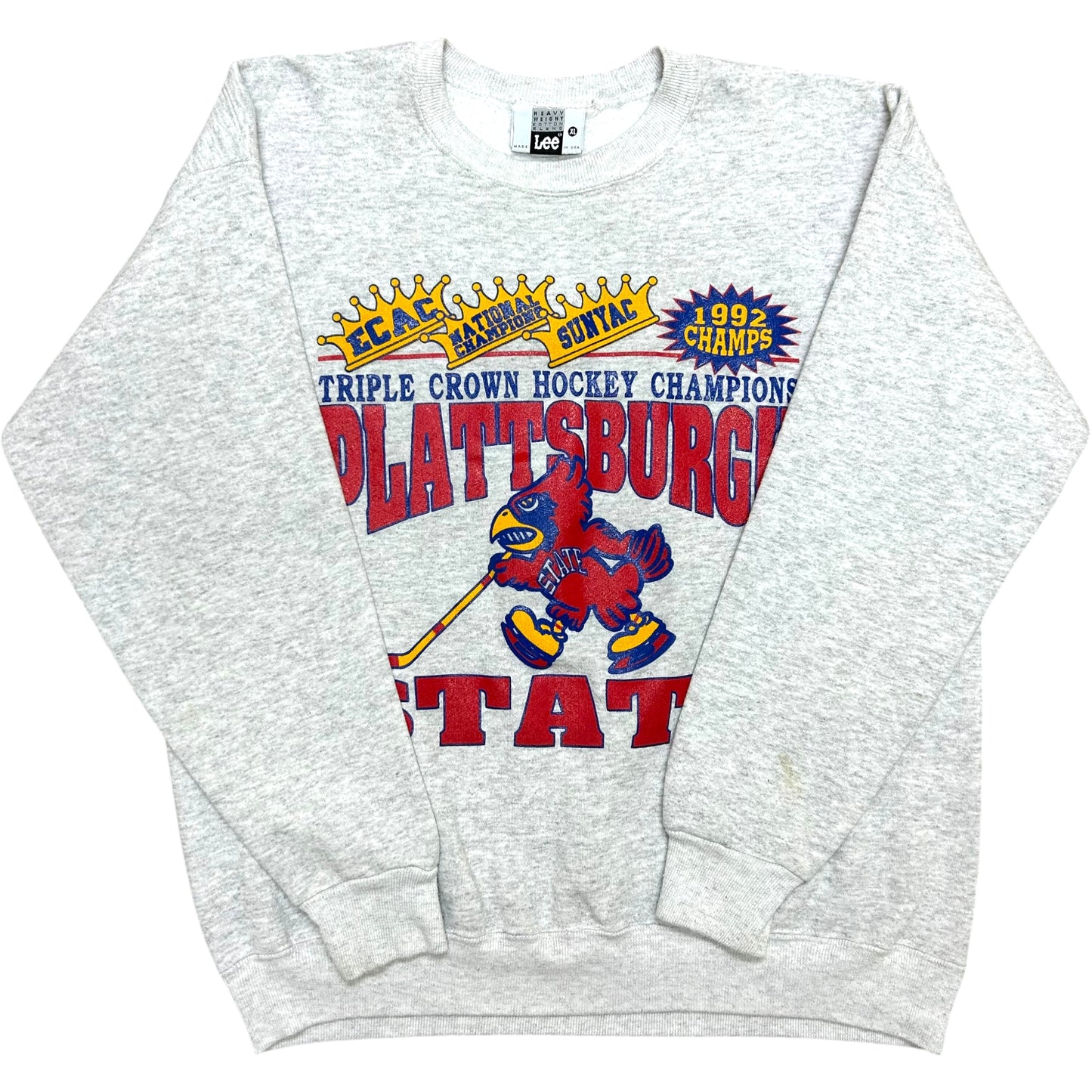 Vintage 1990s Plattsburgh State Hockey Triple Crown Champions Heather Grey Crewneck Sweatshirt - Size XL (Fits M/L)