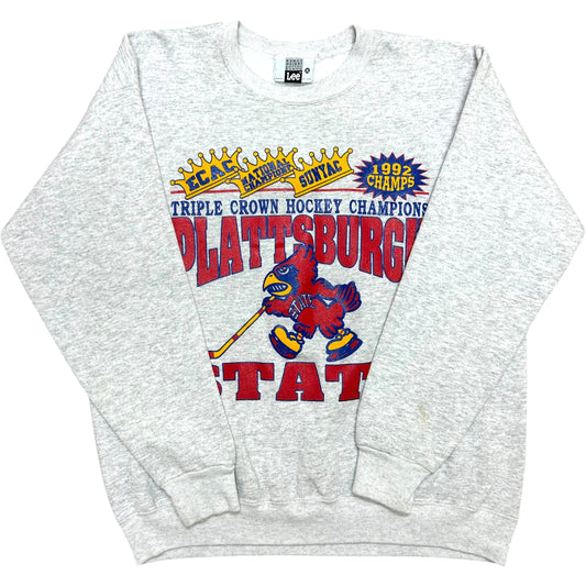 Vintage 1990s Plattsburgh State Hockey Triple Crown Champions Heather Grey Crewneck Sweatshirt - Size XL (Fits M/L)