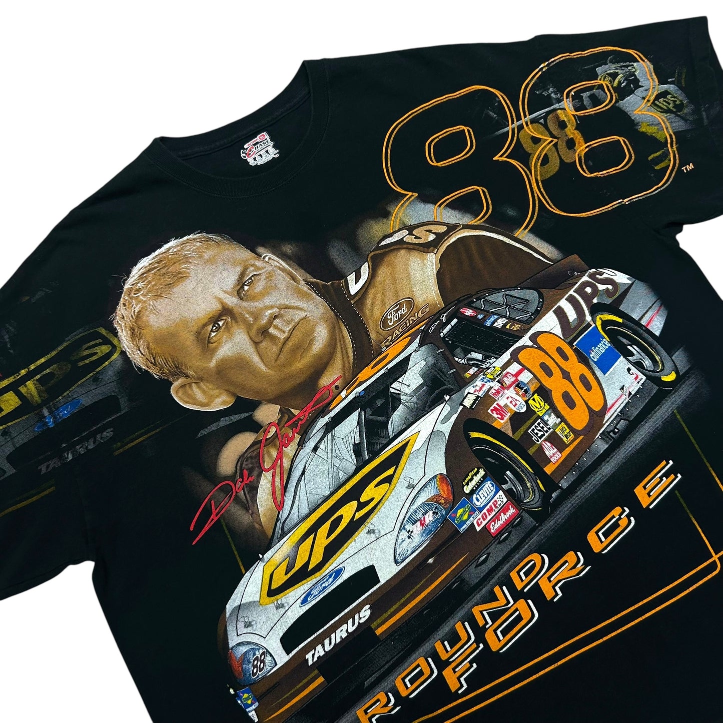 Late 2000s Dale Jarrett/UPS Racing “Ground Force” Black All Over Print Graphic T-Shirt - Size XL (Boxy Fit)