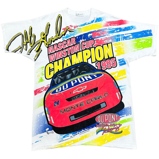 Vintage 1990s Jeff Gordon NASCAR Winston Cup 1995 Champion White All Over Print Graphic T-Shirt - Size Medium