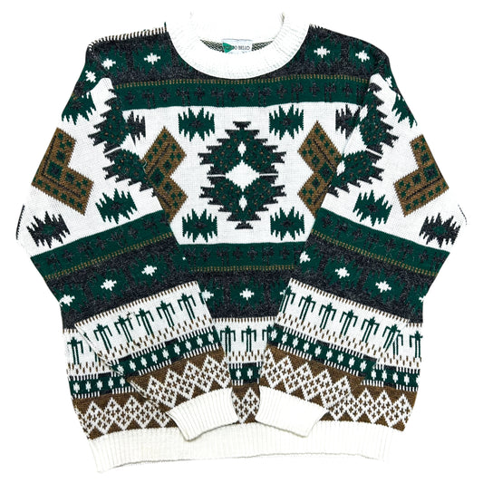Vintage 1990s Porto Bello White/Green Patterned Knit Sweater - Size Large (Fits Medium)