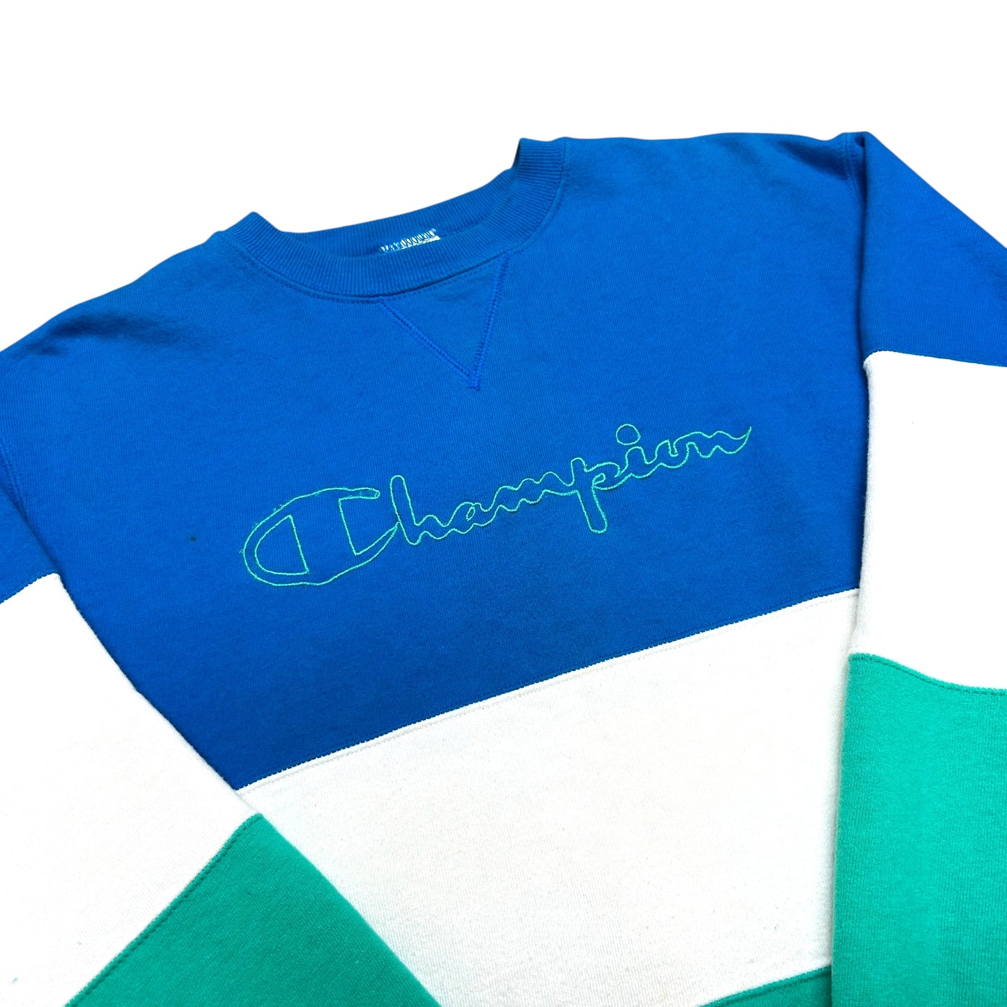 Vintage 1990s Champion Blue/White/Teal Embroidered Crewneck Sweatshirt - Size XL