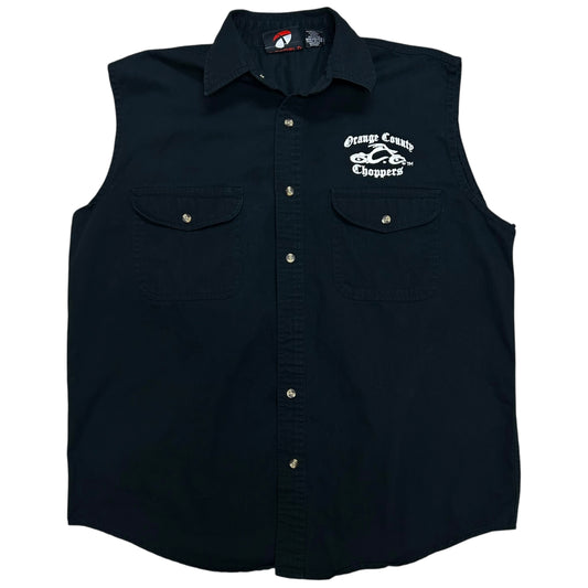 Late 2000s Orange County Choppers Black Embroidered Cut-Off Collared Shirt - Size Medium (Fits M/L)