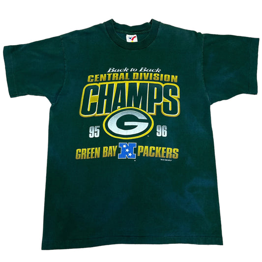 Vintage 1990s Green Bay Packers ‘95 ‘96 Central Division Champions Green Graphic T-Shirt - Size Large (Has Fading)