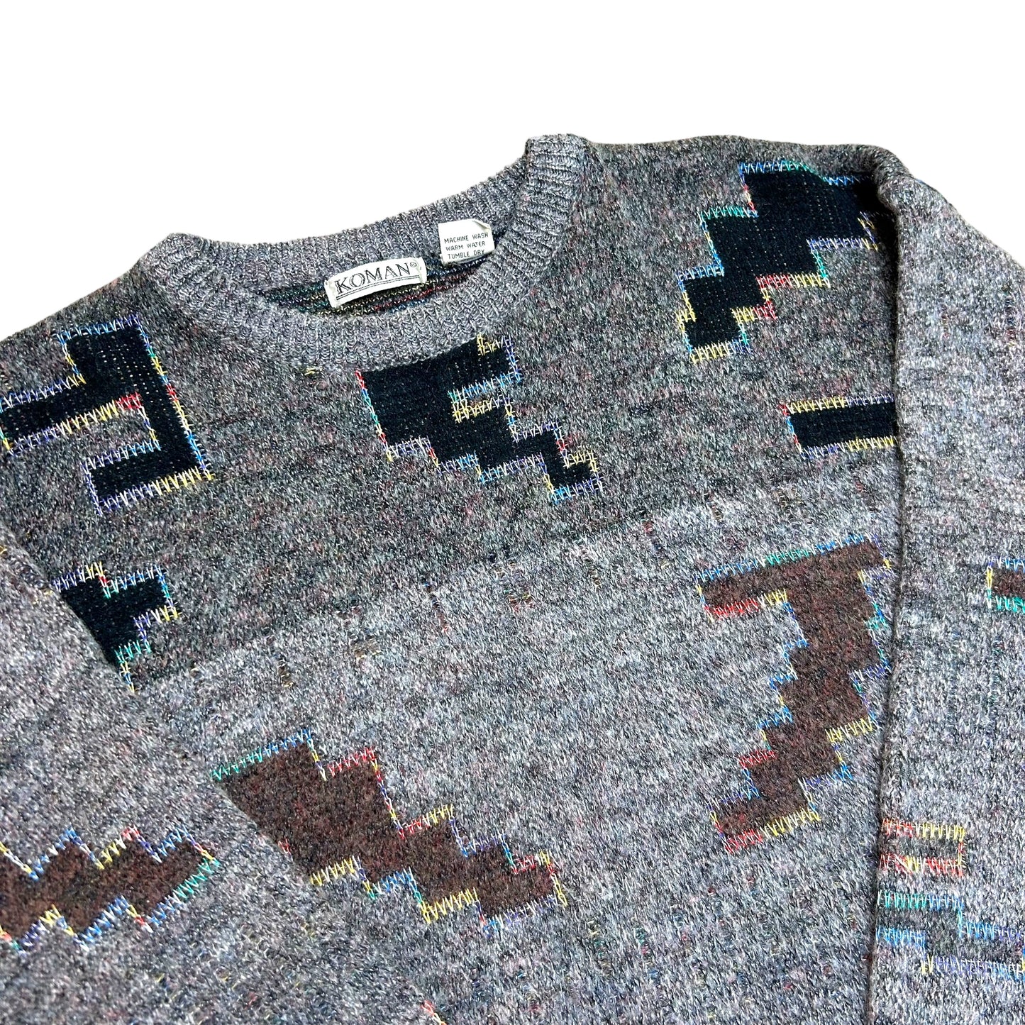 Vintage 1990s "Koman" Geometric Design Grey/Multicolor Knit Sweater - Size Large (Fits Medium)