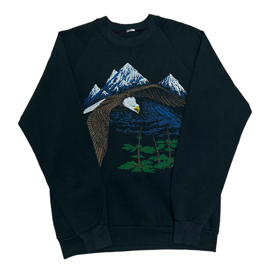 Vintage 1980s Eagle/Mountain Black Nature Graphic Crewneck Sweatshirt - Size Medium
